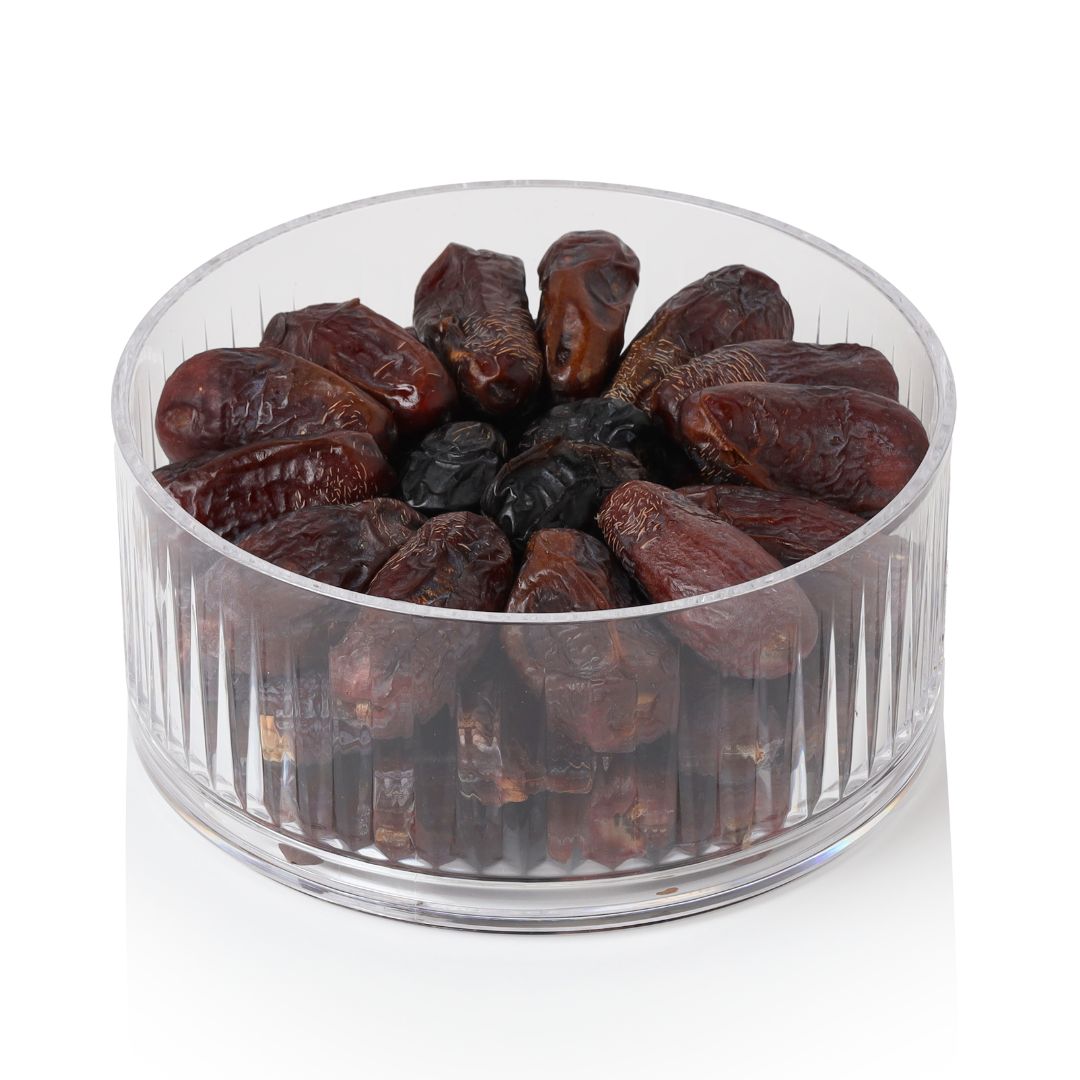 Ajwa & Amber Dates Gift Box – Premium Transparent Ribbed Packaging by Tamooriya