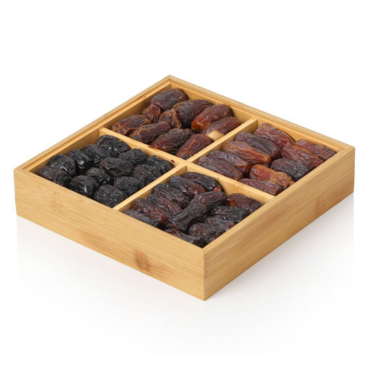 Premium Wooden Dates Gift Box – Square with Transparent Lid, 4 Portions (Ajwa, Mabroom, Safawi, Sugai) by Tamooriya