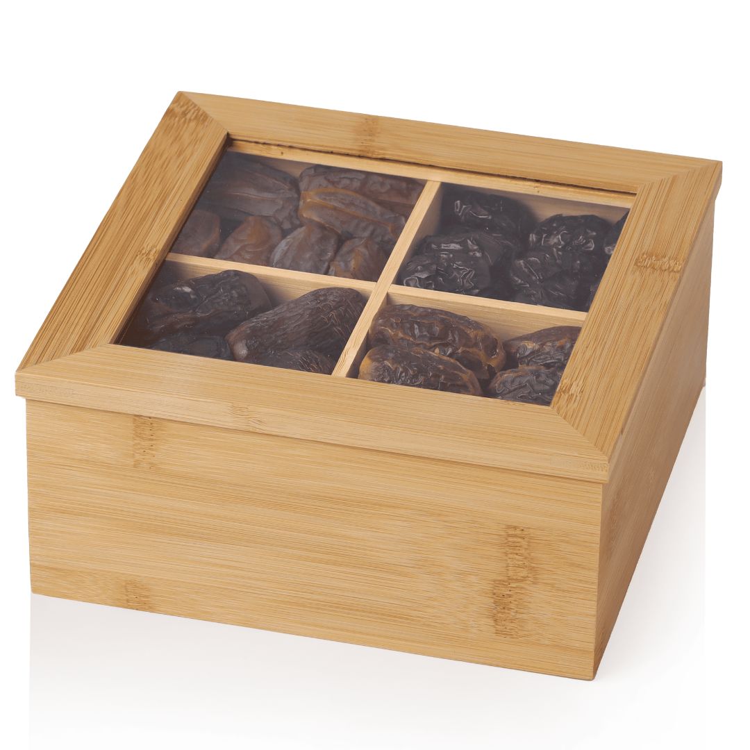 Tamooriya Premium 4-Portion Wooden Magnetic Gift Box with Ajwa, Mabroom, Amber, and Sugai Dates