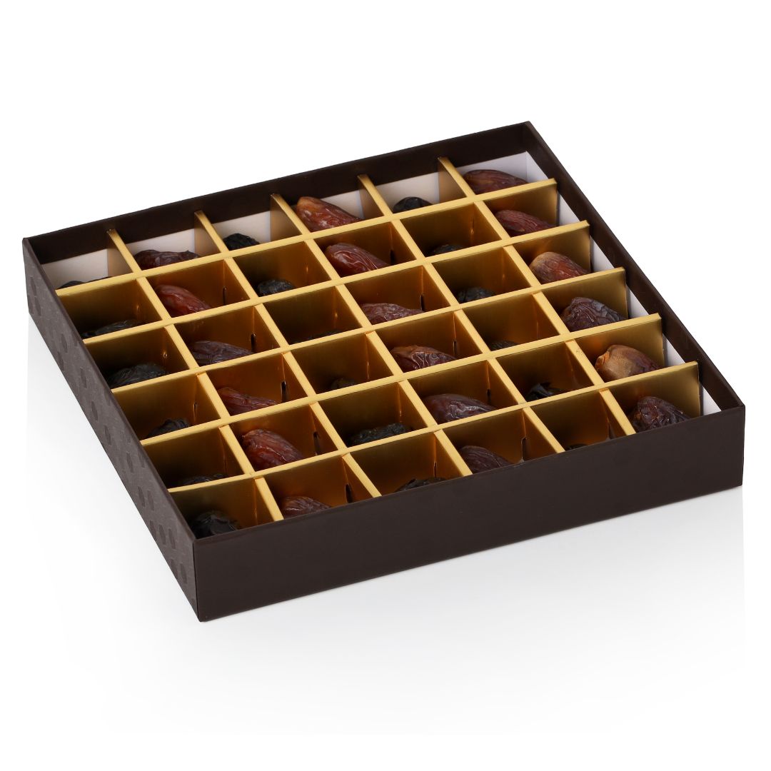 Ajwa & Mejdool Dates Gift Box – Square Paper Box with Transparent Lid and Divider by Tamooriya