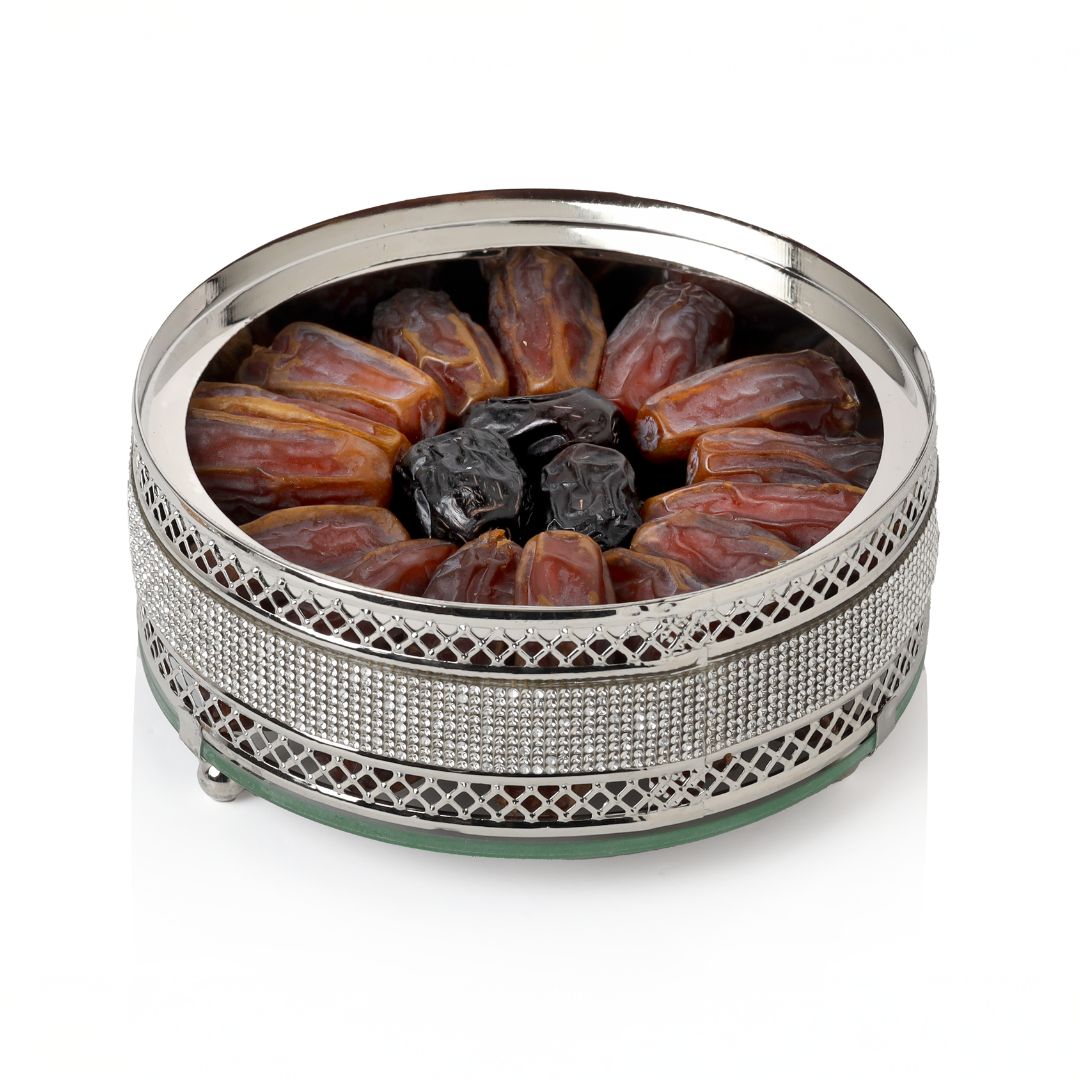 Mabroom & Ajwa Dates Gift Box – Silver Round Box with Transparent Lid by Tamooriya