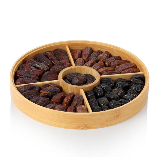 Premium Wooden Round Dates Gift Box – Amber, Ajwa, Mabroom, Safawi, Mejdool – Elegant Transparent Lid by Tamooriya